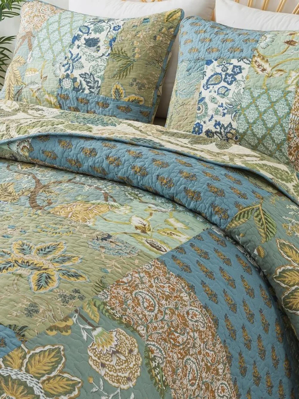 Quilt Set King Size, 100% Cotton Patchwork Green Bohemian Quilt Sets, Reversible_7